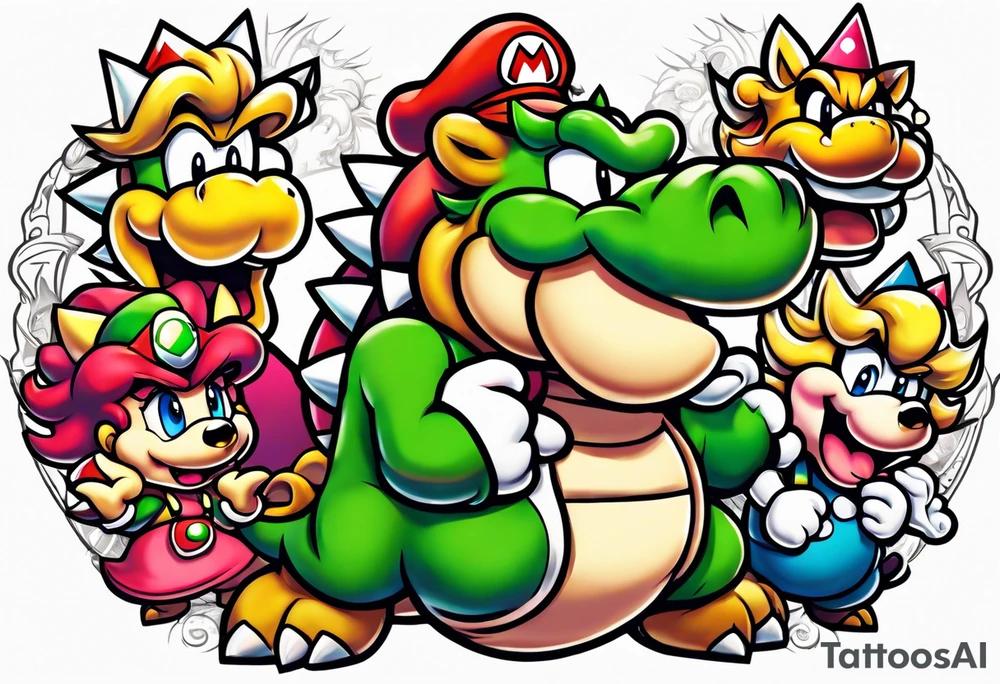 bowser holding Mario and Luigi severed heads with princess peach by bowsers side tattoo idea