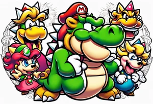 bowser holding Mario and Luigi severed heads with princess peach by bowsers side tattoo idea