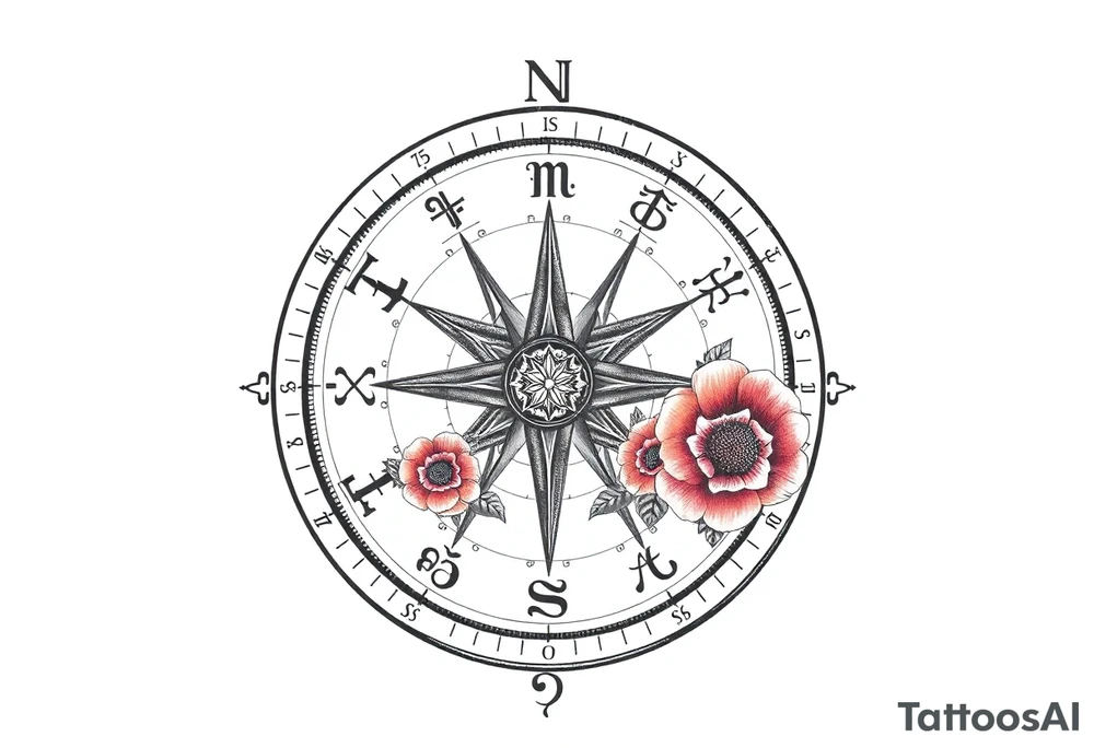 zodiac symbols the elements and Norse runes within ornate compass with roses lilly sunflowers tattoo idea