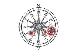 zodiac symbols the elements and Norse runes within ornate compass with roses lilly sunflowers tattoo idea