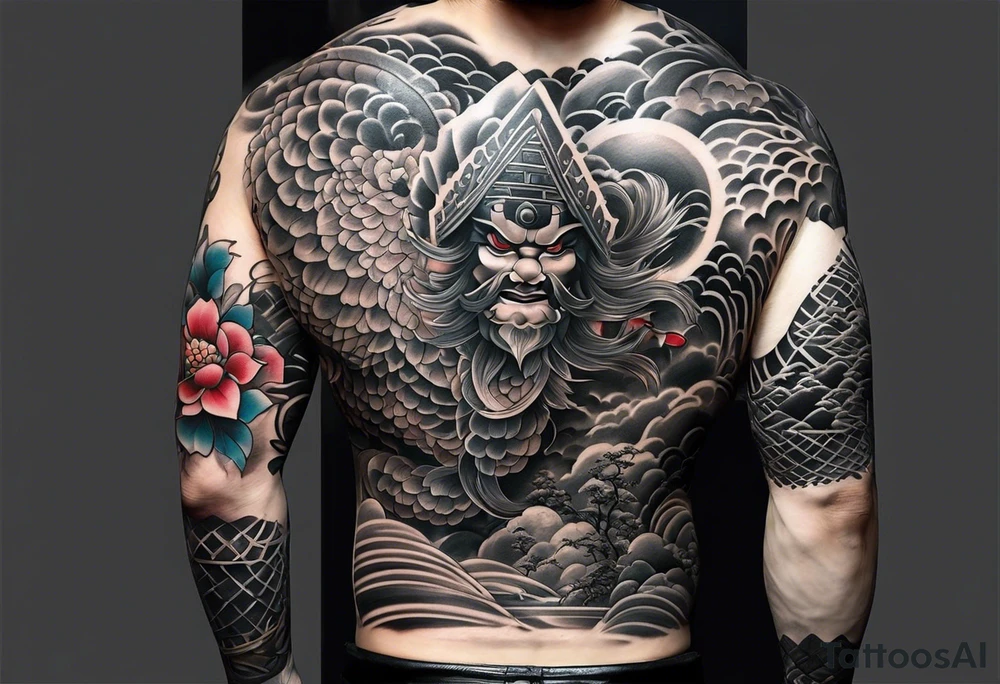 japanese sleeve tattoo with blocky elements tattoo idea