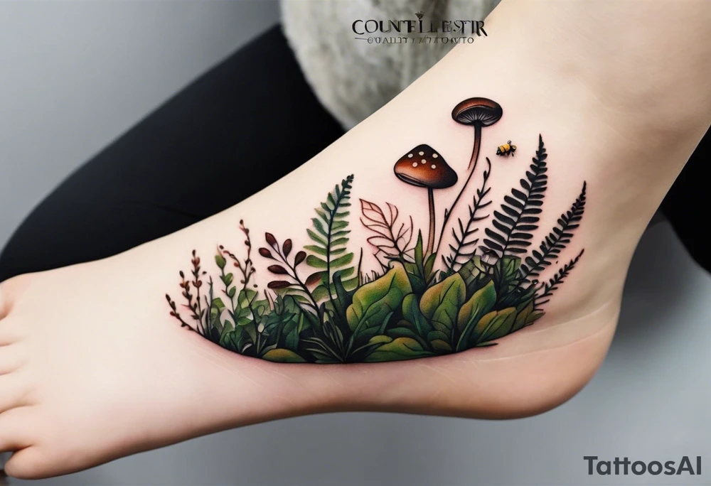 minimalistic forest floor inspired tattoo, which includes grass, moss, curly ferns and dead leaves as the bulk of the tattoo. details to include: forest berries, couple of very small brown mushrooms, a tiny bumblebee flying nearby tattoo idea