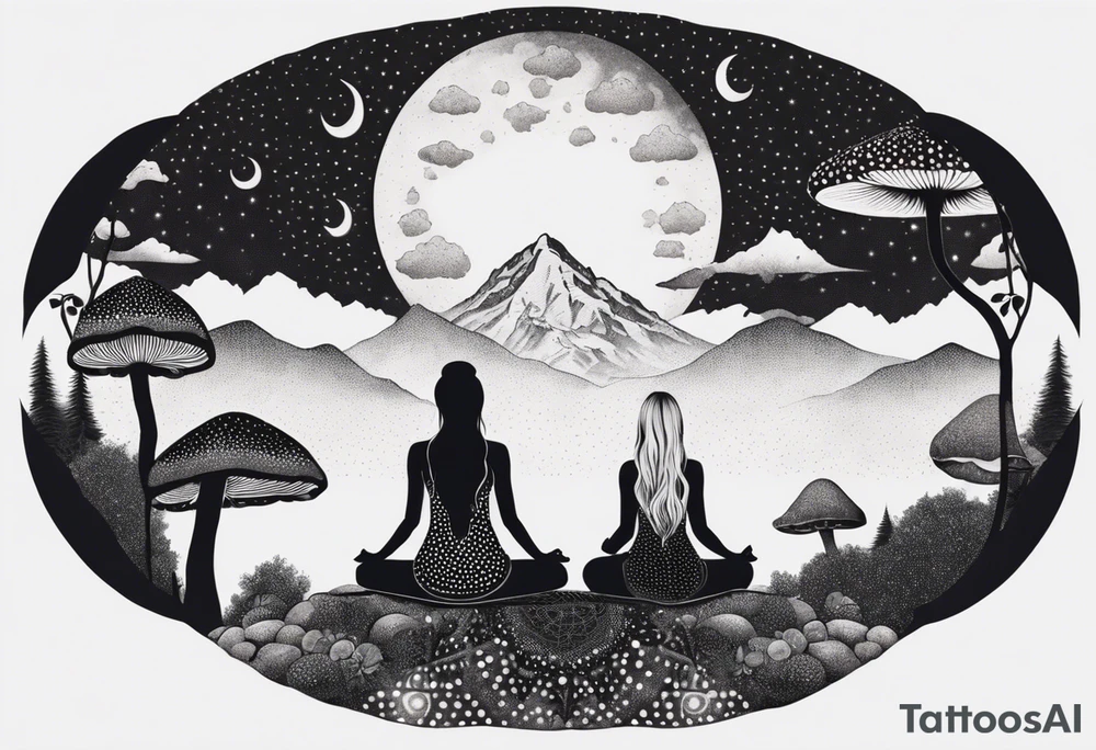 Straight blonde hair girl meditating facing away toward mountains surrounded by mushrooms crescent moon mandala circular design black and white striped dress tattoo idea