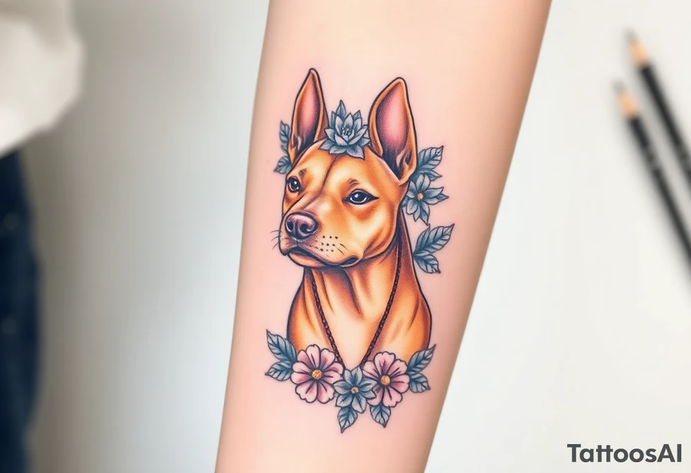 tan staffie with succulents and flowers surrounding her head tattoo idea