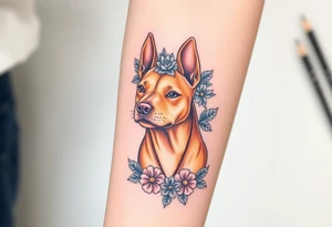 tan staffie with succulents and flowers surrounding her head tattoo idea