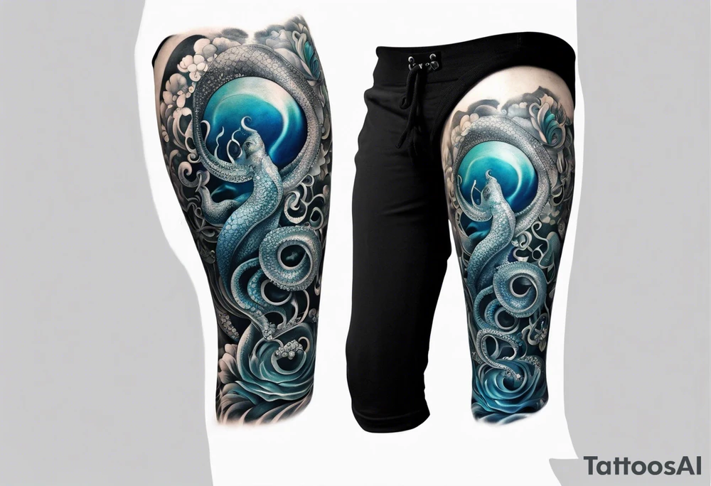 Lower leg sleeve. Large blue ring octopus holding mermaid tattoo idea