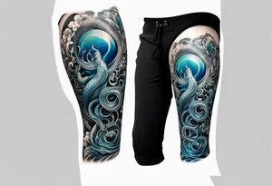 Lower leg sleeve. Large blue ring octopus holding mermaid tattoo idea