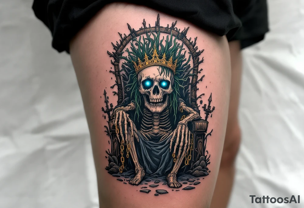 Drowned Pirate King – A skeletal pirate in a decayed, seaweed-covered crown, sitting on a barnacle-crusted throne at the bottom of the sea. His empty eye sockets gleam with deep-sea blue light, and broken golden chains dangle from his wrists. tattoo idea
