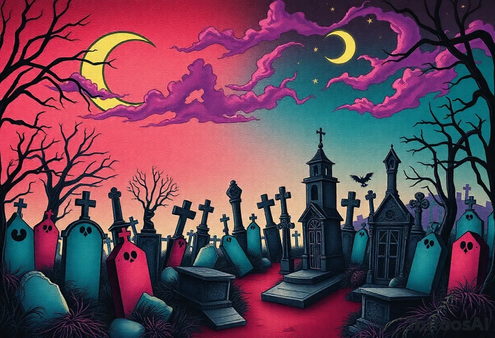 Tim Burton’s haunted victorian graveyard is abandoned and dripping with muted reds, dusty pinks, and eerie green glow.purple and cyan smokey clouds swirl in the crescent moonlit sky thats sprinkled with stars tattoo idea tattoo idea
