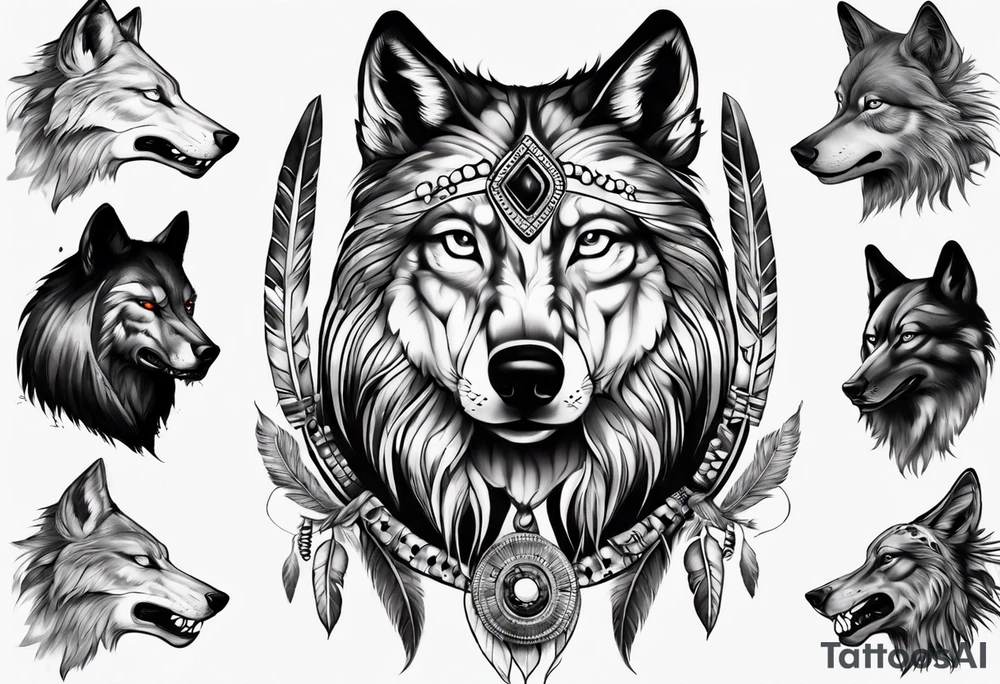 Indian Theme wolf realistic tattoo idea
