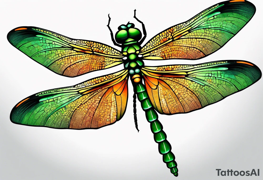 green and orange dragonfly on a twig tattoo idea