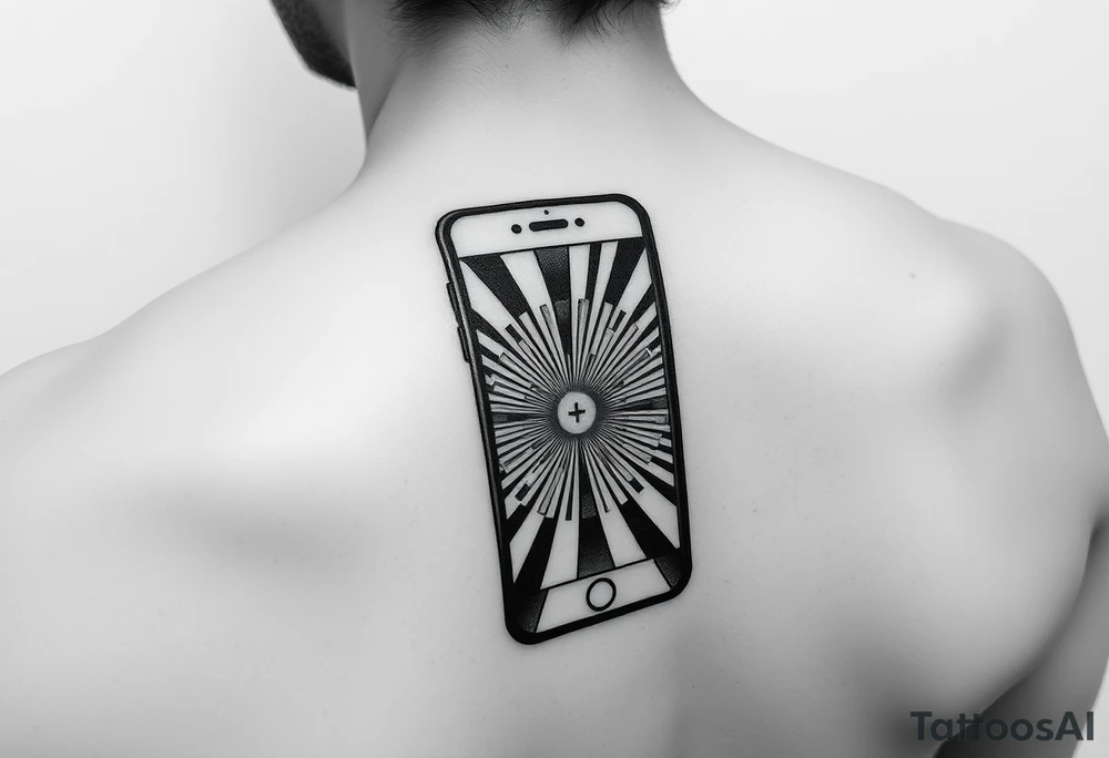 "Recursive iPhone tattoo: screen shows another screen with [•] at the end. Black ink, optical illusion style, 6cm width." tattoo idea