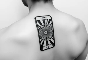 "Recursive iPhone tattoo: screen shows another screen with [•] at the end. Black ink, optical illusion style, 6cm width." tattoo idea