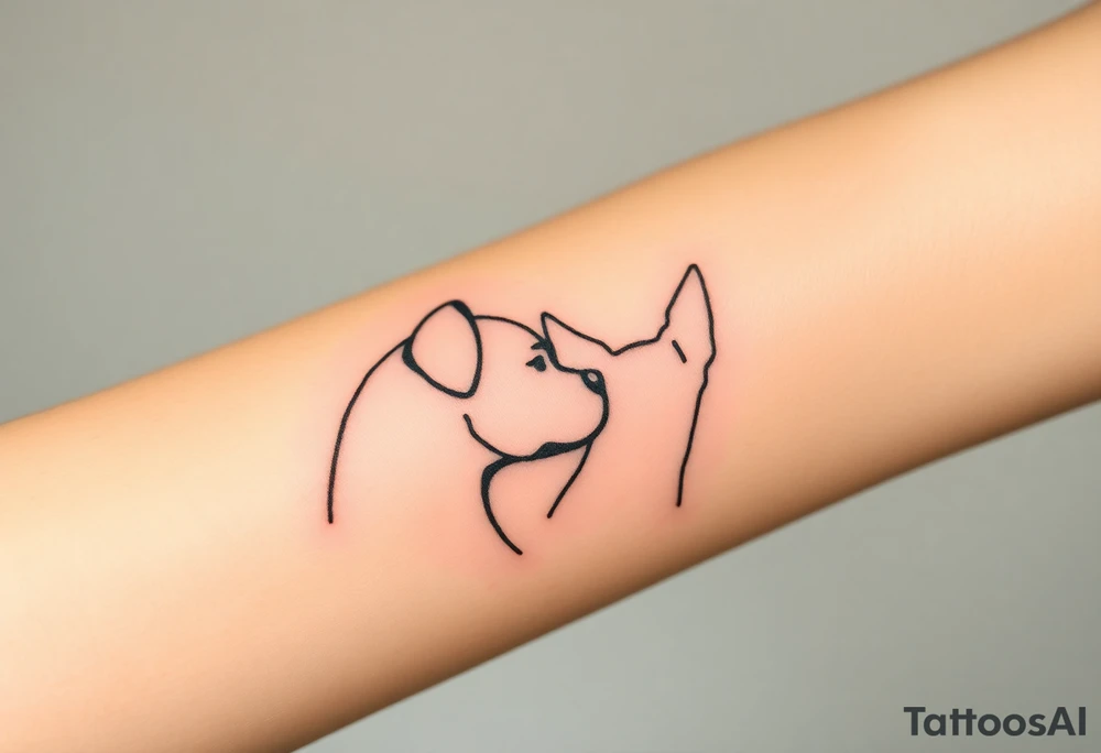 outline of pitbull ears, next to the outline of austrailian cattle dog ears, as they look off into the sunset tattoo idea