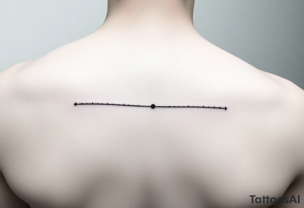 A minimal fine-line tattoo showing a straight, thin horizontal timeline with two small evenly spaced dots. Below the first dot, write the coordinates: "24°10′N, 20°16′E". Below the second dot, write: "53.4084°N, 2.9916°W". Above each coordinate, place a small circle or marker dot to signify key points. Beneath the entire timeline, add a single row arranged like this: — ● — ●   ● —   ● — ●   — — —   ● — ● ●   ● ●   — ● ●   ● — tattoo idea
