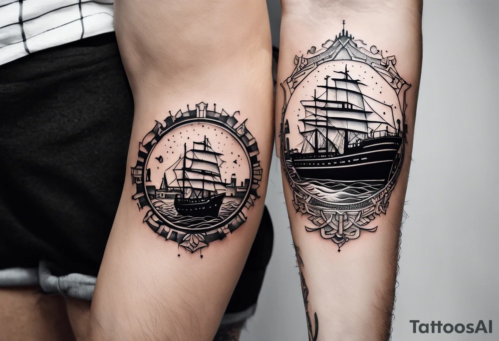 This tattoo depicts the city of Odesa. The main symbols of this city are a ship's wheel, a lighthouse, the Potemkin Stairs, and the sea. The placement of the tattoo is on the front of the thigh. tattoo idea