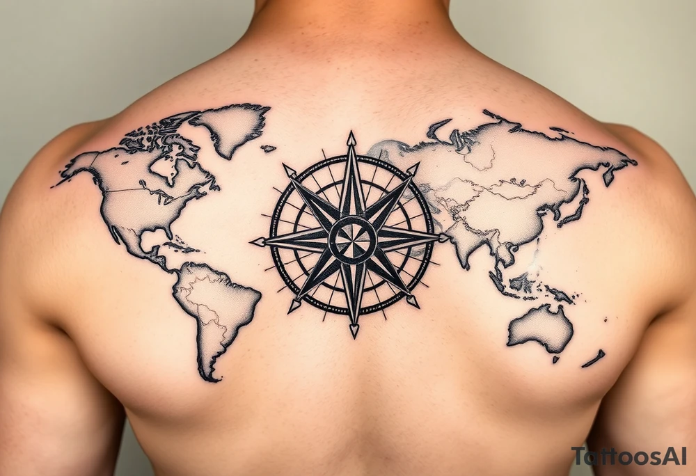 antique compass rose overlaid on weathered world map with sailing ships tattoo idea