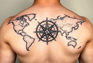 antique compass rose overlaid on weathered world map with sailing ships tattoo idea