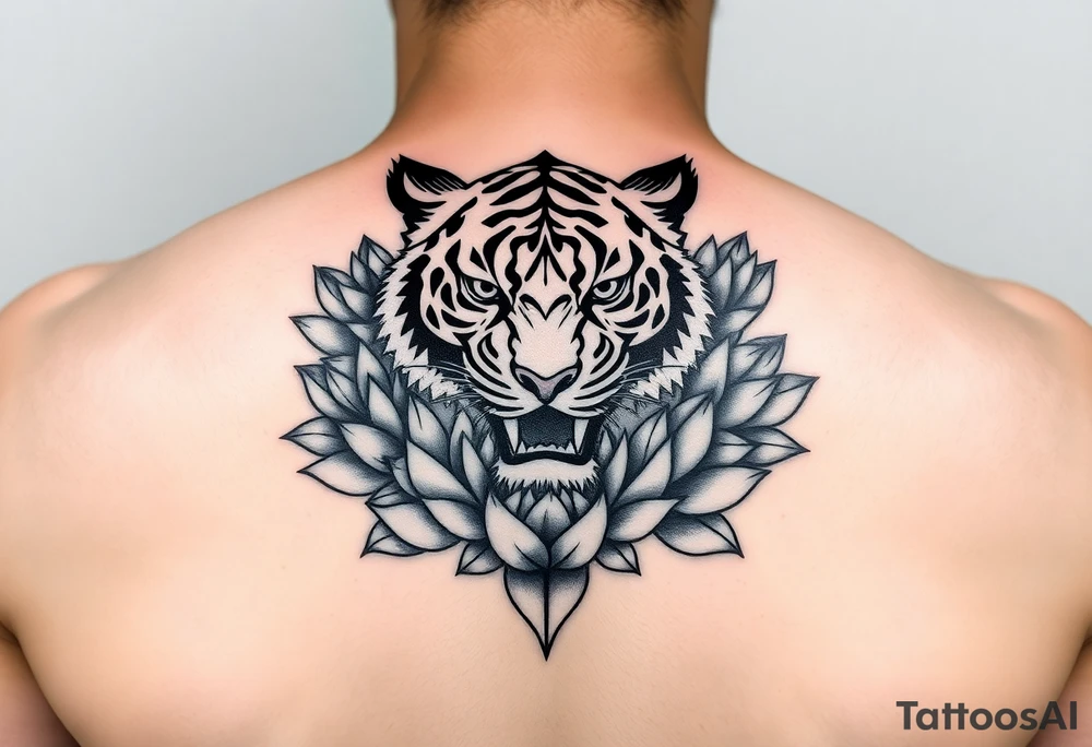 fierce tiger emerging through blooming lotus flowers in mist tattoo idea