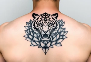 fierce tiger emerging through blooming lotus flowers in mist tattoo idea