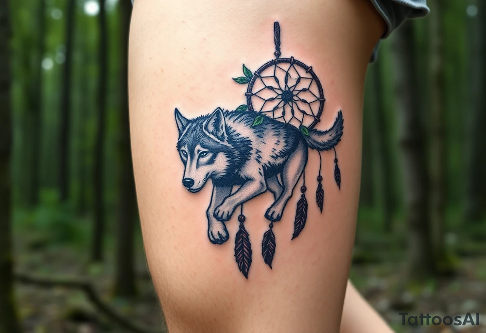 A wolf running through the woods, with dreamcatcher rings woven into the landscape. The wolf’s fur is shaded in shades of gray and white, while the dreamcatcher is adorned with green leaves and earthy brown tones tattoo idea