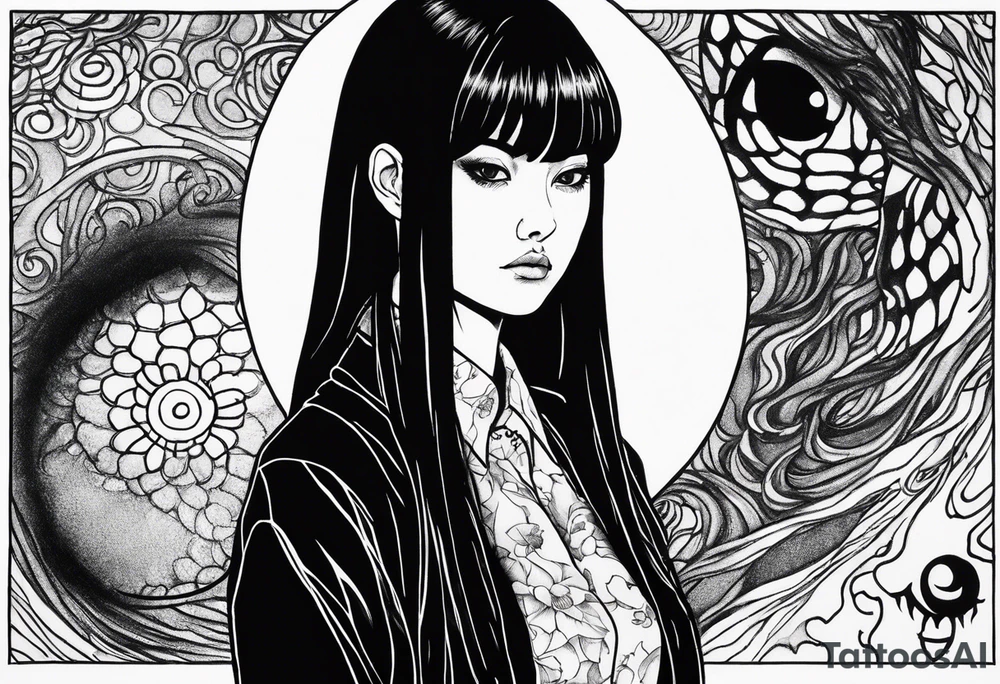 portrait of tomie a character by the horror author junji ito full body standing menacingly.  a mole below her left eye.  add more horror and gore elements tattoo idea
