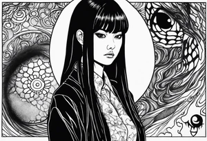 portrait of tomie a character by the horror author junji ito full body standing menacingly.  a mole below her left eye.  add more horror and gore elements tattoo idea