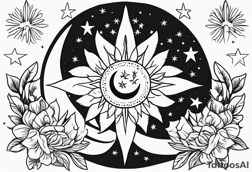 Western floral with sun stars and moon. Mirrored with swirls and dots tattoo idea
