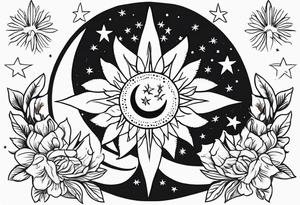 Western floral with sun stars and moon. Mirrored with swirls and dots tattoo idea