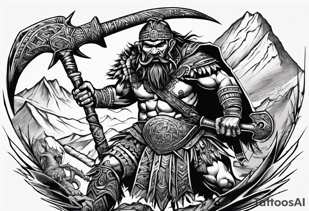 aztec dwarven warrior with a war axe fighting against a dragon in in the mountains as the sun is rising tattoo idea