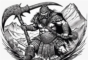 aztec dwarven warrior with a war axe fighting against a dragon in in the mountains as the sun is rising tattoo idea