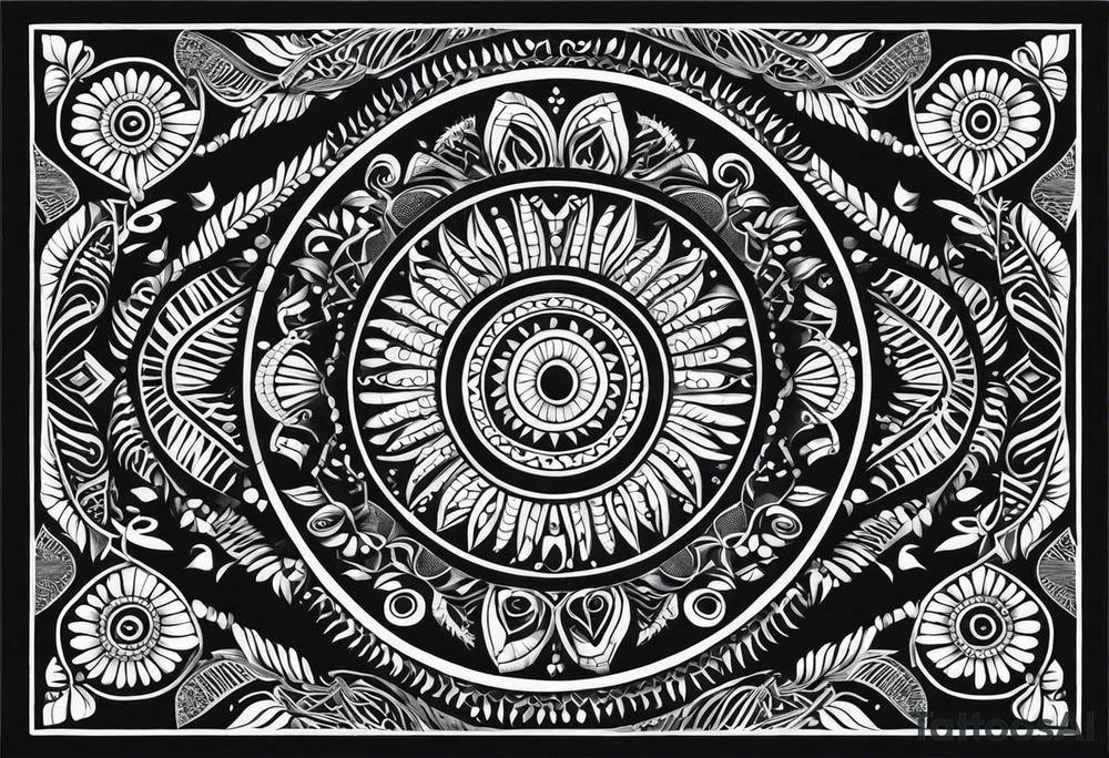 Tatouage ornement noir et blanc. Forme géométrique en longueur avec quelques petit signes aborigène australiens désignant les kangourous et la vie. Puis dessiner un soleil, des vagues. Ainsi que  des feuilles provenant d’Australie et de  Bali. Lignes très fines. tattoo idea