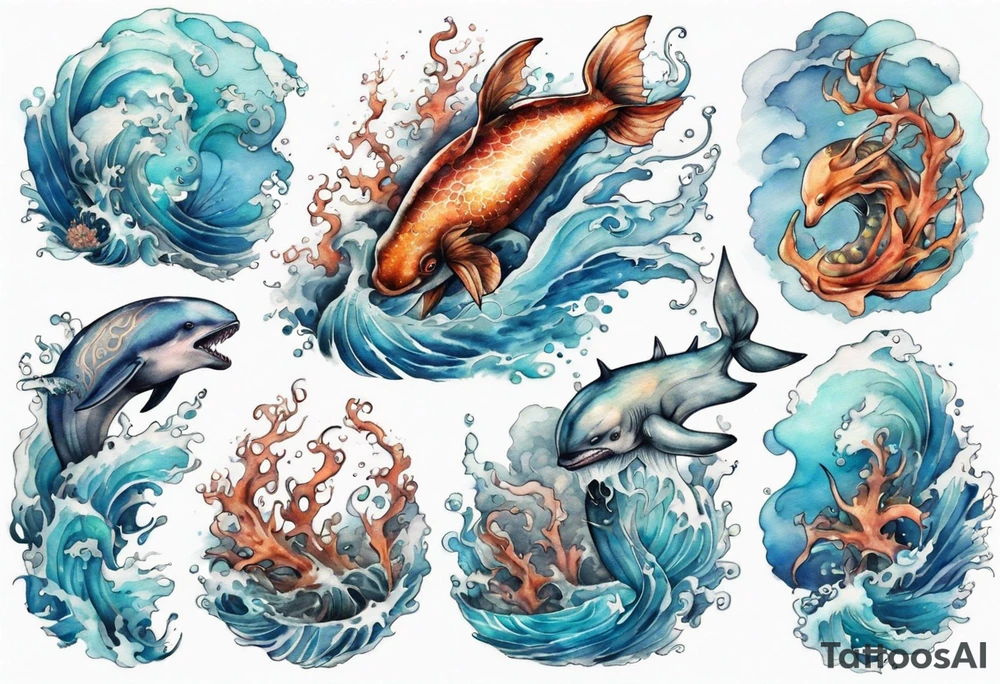 a beautiful sea creature standing in the sea surrounded by crashing waves tattoo idea