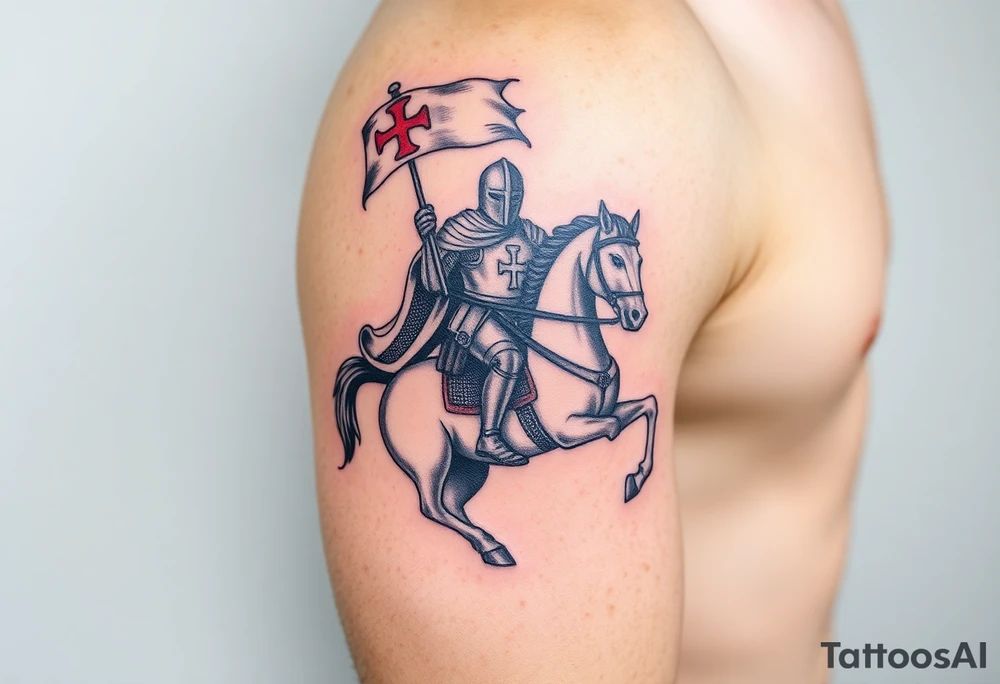 A medieval knight holding a banner with the Templar cross, riding into battle on a warhorse tattoo idea