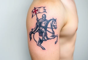 A medieval knight holding a banner with the Templar cross, riding into battle on a warhorse tattoo idea