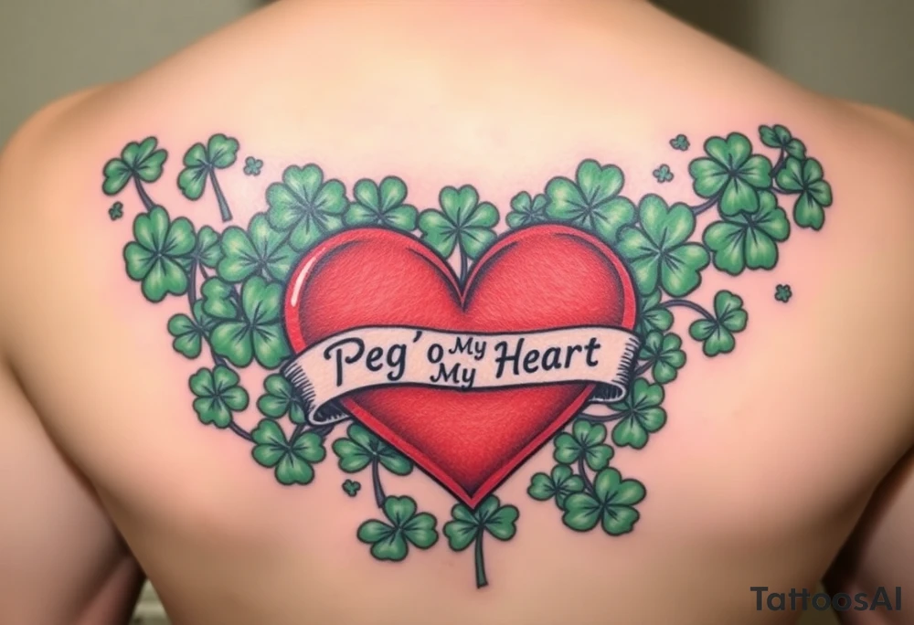 A ton of green shamrocks with a big red heart with a banner across the heart that says Peg 'o My Heart tattoo idea