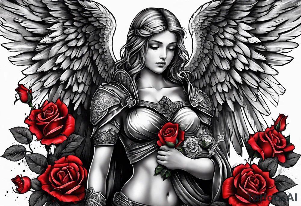 Armored angel holding a cross and colored roses tattoo idea