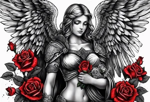Armored angel holding a cross and colored roses tattoo idea