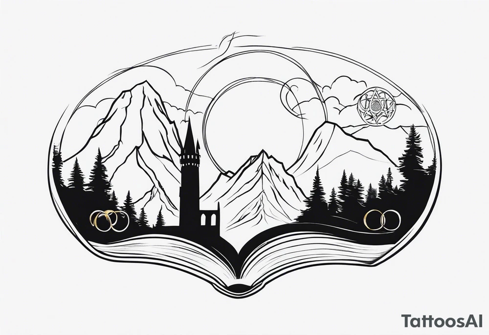 Lord of the rings main with Harry Potter mashup but clear independent visual symbolism of both movies. Small simple and minimal. Movies not books tattoo idea