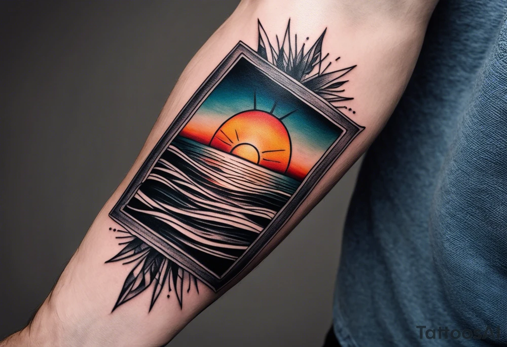 Minimalistic, small, black and white tattoo on male forearm. Tattoo style is line drawing. From the perspective of being on the ocean, the water is calm, with no waves in sight, the sun is setting behind the ocean, reflecting light onto the water. The tattoo in the shape of a rectangle, 4 inches wide by 2 inches tall. tattoo idea