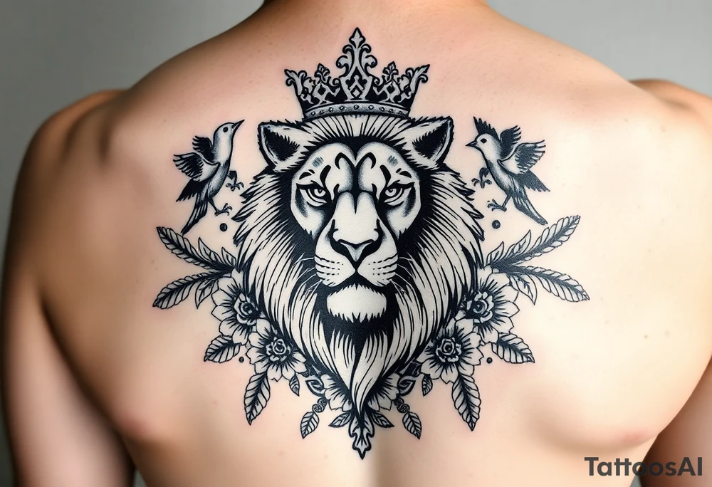 powerful majestic lion with a crown, surrounded by floral ornaments and birds tattoo idea