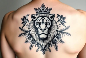 powerful majestic lion with a crown, surrounded by floral ornaments and birds tattoo idea