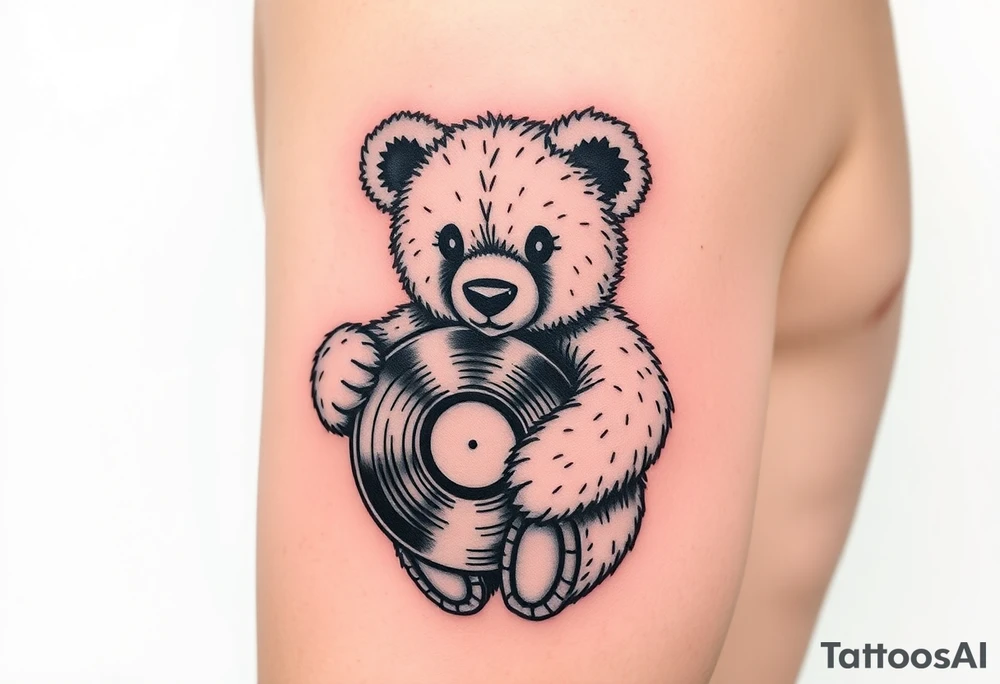 masculine teddy bear holding a vinyl record tattoo idea