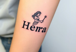 Greek black goddess Hera holding a baby in her right an a Draco with drum in the left hand tattoo idea