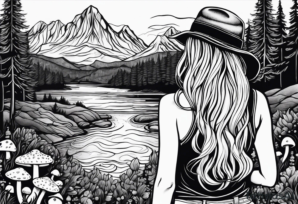 Straight long blonde hair hippie girl in distance holding mushrooms in hand facing away toward mountains and creek surrounded by mushrooms tee shirt and hiking pants tattoo idea