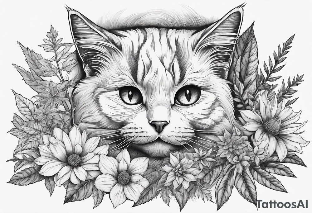 Cats and weed but in fine line and very detailed work tattoo idea