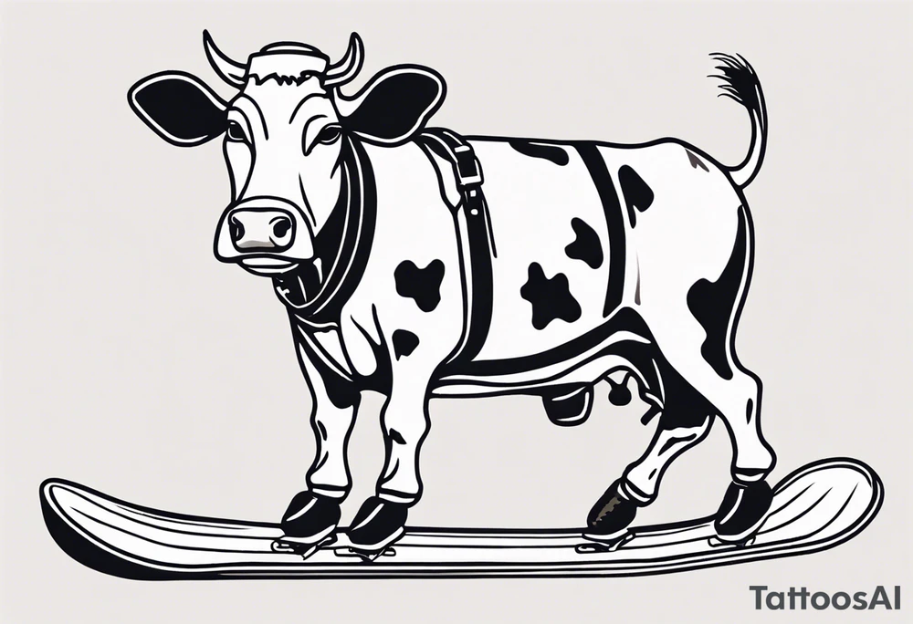 Generate a minimalist and simple black and white tattoo design featuring a joyful cow snowboarding, wearing goggles. Focus on essential lines and details to convey the playful spirit of the scene. The cow should exude confidence while effortlessly snowboarding down a snowy slope. Keep the design clean and uncluttered, suitable for a small to medium-sized tattoo space. Emphasize the charm and whimsy with the addition of goggles, ensuring the overall aesthetic remains simple and minimalistic. The goal is to create a visually appealing and easily recognizable tattoo that captures the essence of a cow enjoying a snowboarding adventure tattoo idea