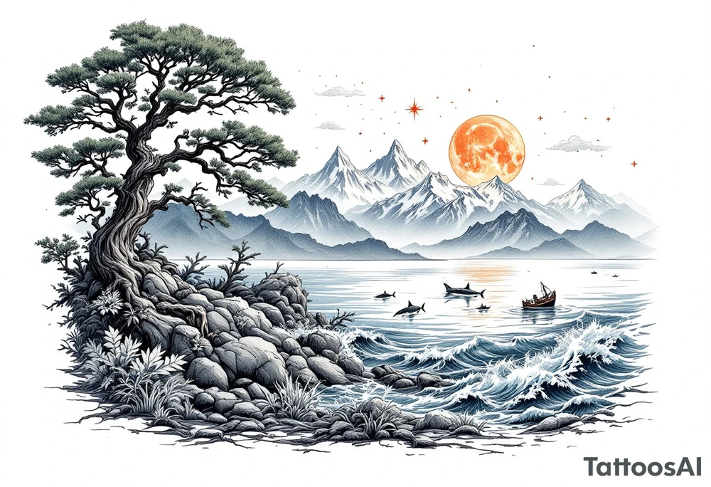 tattoo that has an acacia tree with mountains, ocean with a ship wreck with sharks and the northern star tattoo idea