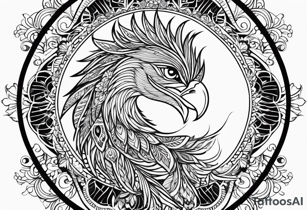 Tribal bohemian feminine impowering Phoenix rising with smoke, mandala sun, floral, lace background tattoo idea