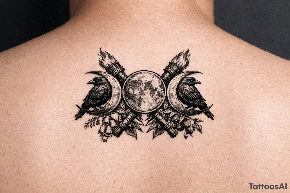 Triple moon with ravens on crescents, crossing torches behind, foxglove, belladonna. tattoo idea